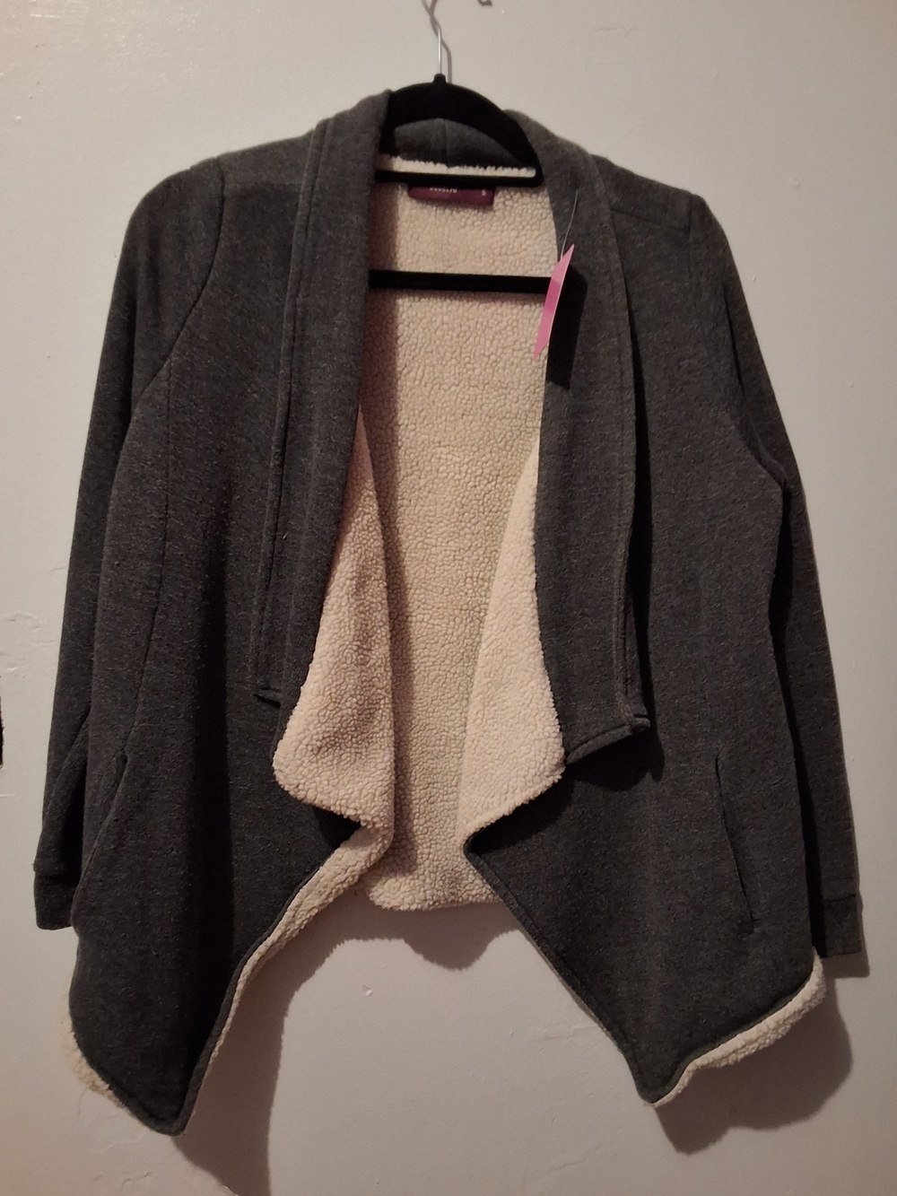Doublju Gray Open-Front Cardigan with Cream Sherpa Lining